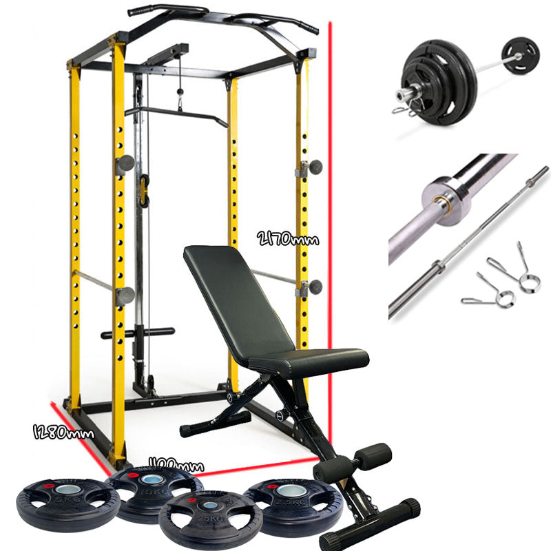 Power Cage with Lat Bar+ Bench+50KG Weights Plates+2.2m Barbell Bar