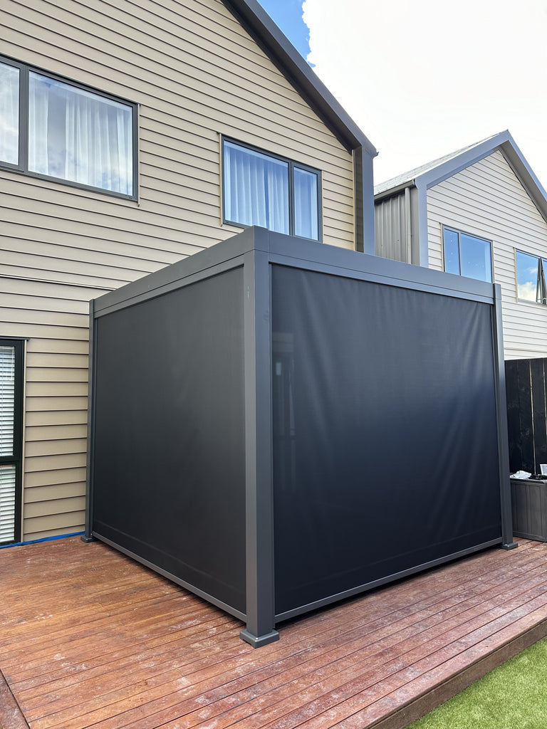 Louvred Black Colour Pergola 3x3m with 3 Zipped Blinds Set